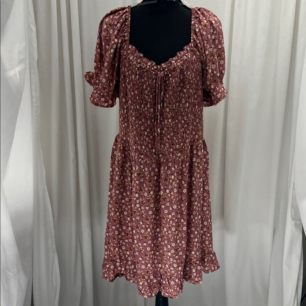 AUW Pink Floral Mini Dress Smocked Top XXXL Women’s Boho Cottagecore Feminine